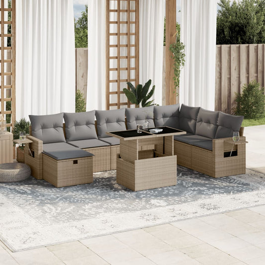 Salon de jardin avec coussins 9 pcs beige résine tressée