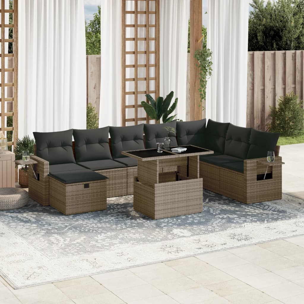 Salon de jardin 9 pcs avec coussins gris résine tressée