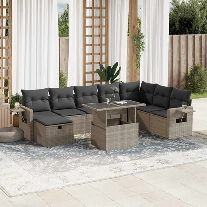 Salon de jardin 9 pcs avec coussins gris clair résine tressée