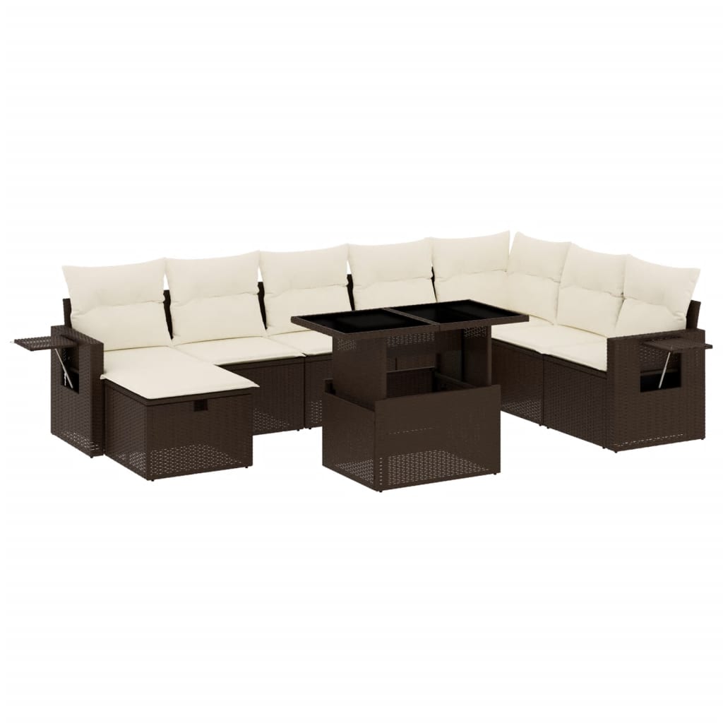 Salon de jardin avec coussins 9 pcs marron résine tressée