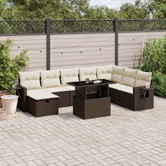 Salon de jardin avec coussins 9 pcs marron résine tressée