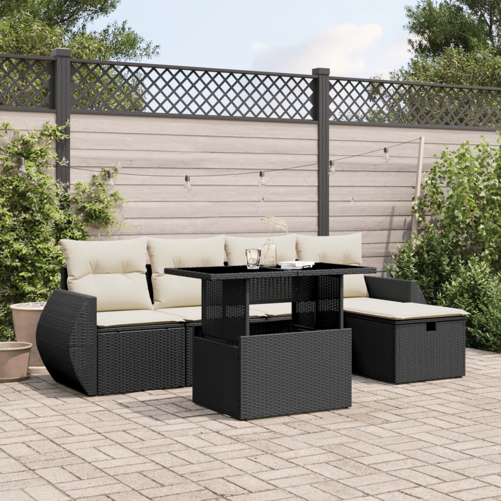 Salon de jardin 6 pcs avec coussins noir résine tressée