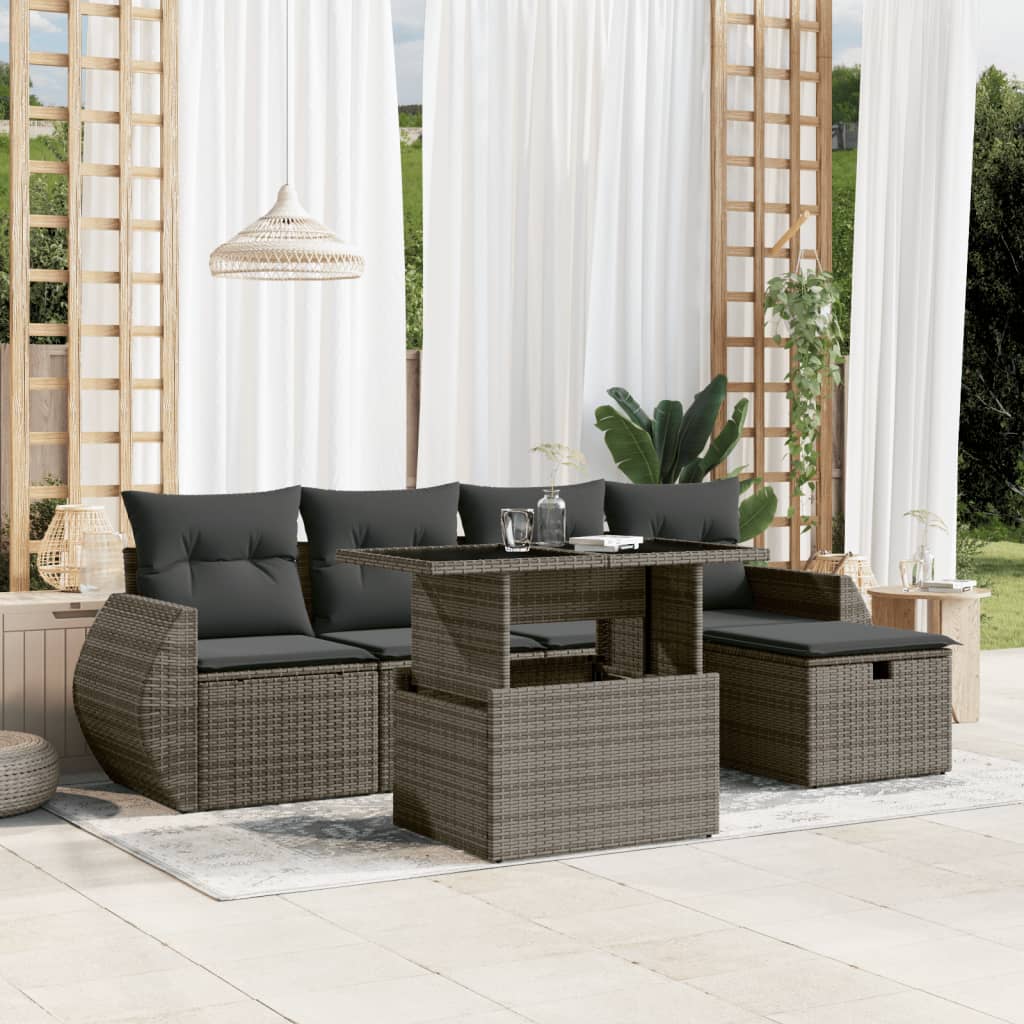 Salon de jardin 6 pcs avec coussins gris résine tressée