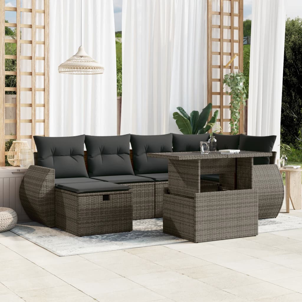 Salon de jardin avec coussins 7 pcs gris résine tressée