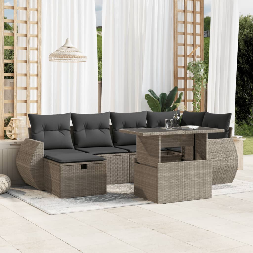 Salon de jardin avec coussins 7 pcs gris clair résine tressée