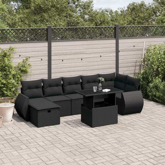 Salon de jardin 8 pcs avec coussins noir résine tressée