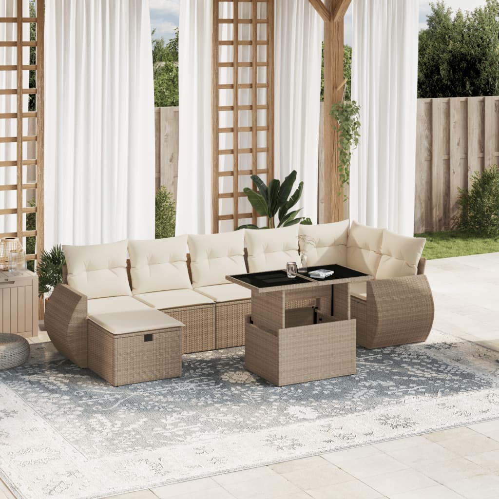 Salon de jardin avec coussins 8 pcs beige résine tressée