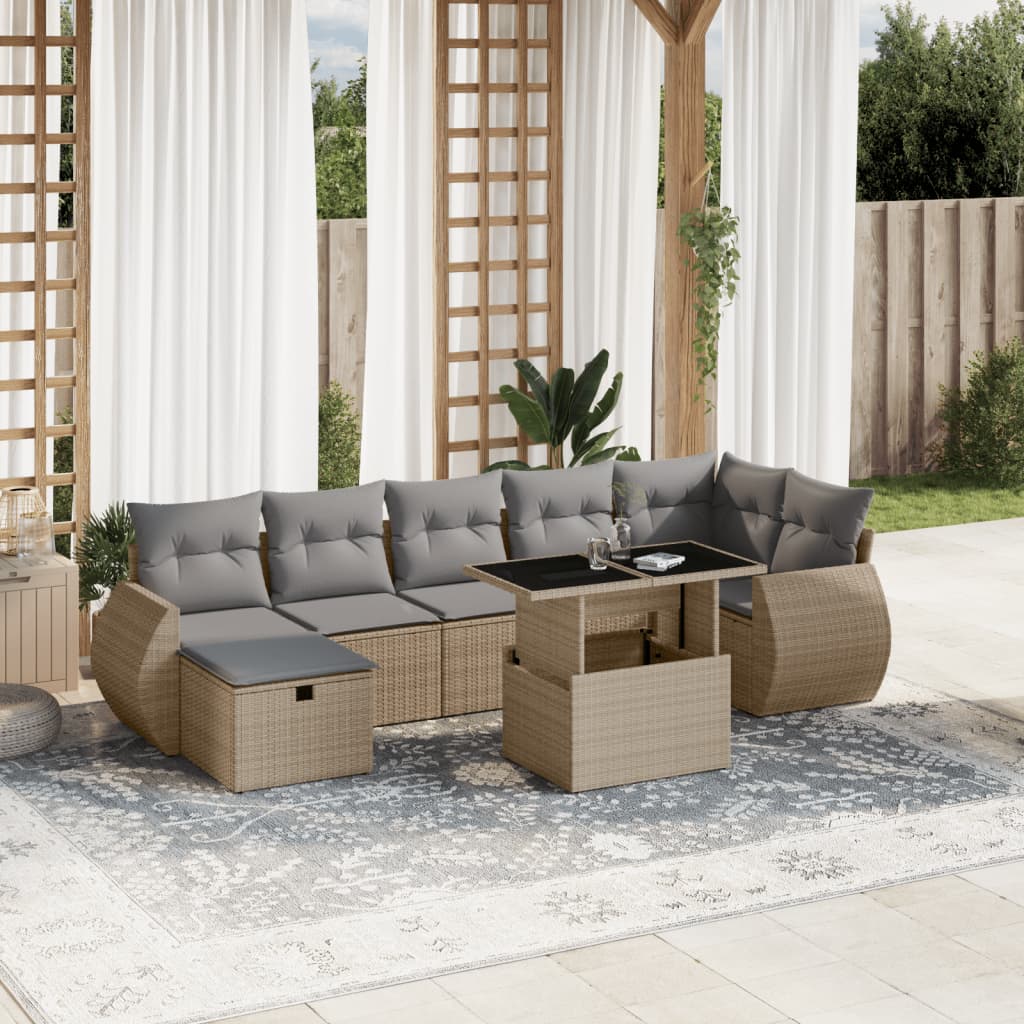 Salon de jardin avec coussins 8 pcs beige résine tressée