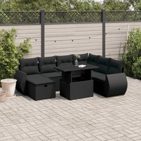 Salon de jardin 8 pcs avec coussins noir résine tressée