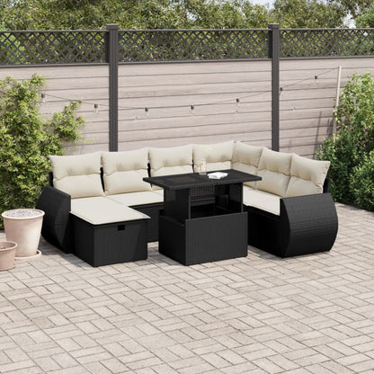 Salon de jardin 8 pcs avec coussins noir résine tressée