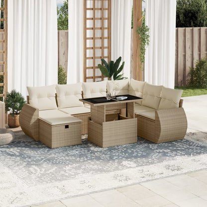 Salon de jardin avec coussins 8 pcs beige résine tressée