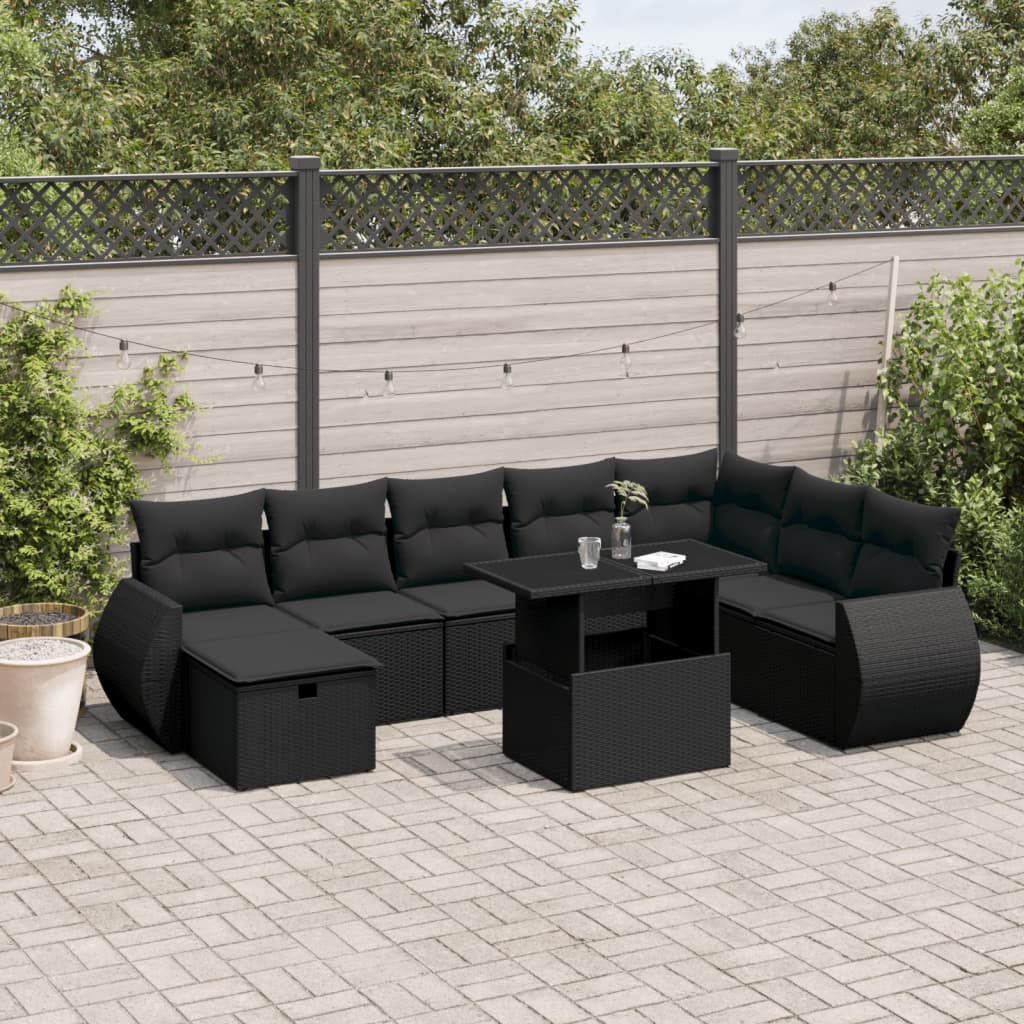 Salon de jardin 9 pcs avec coussins noir résine tressée