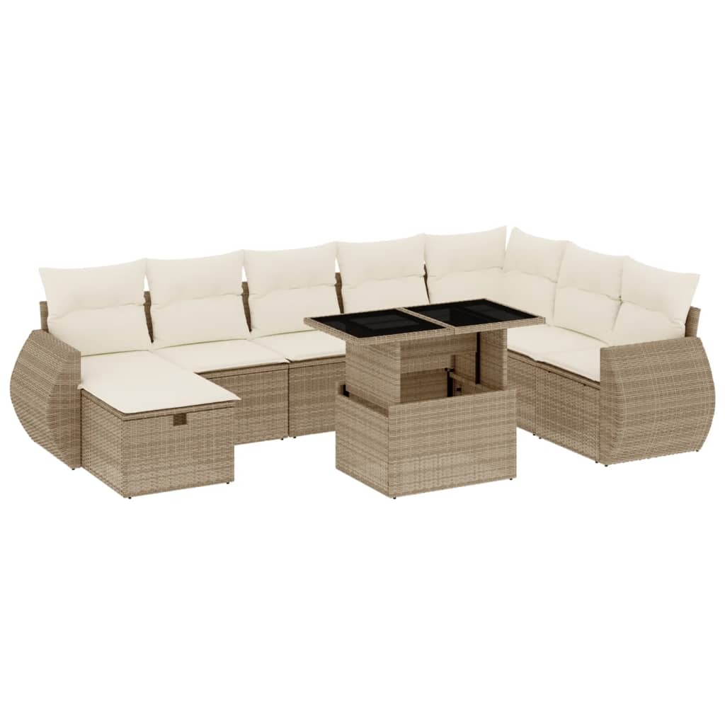 Salon de jardin avec coussins 9 pcs beige résine tressée