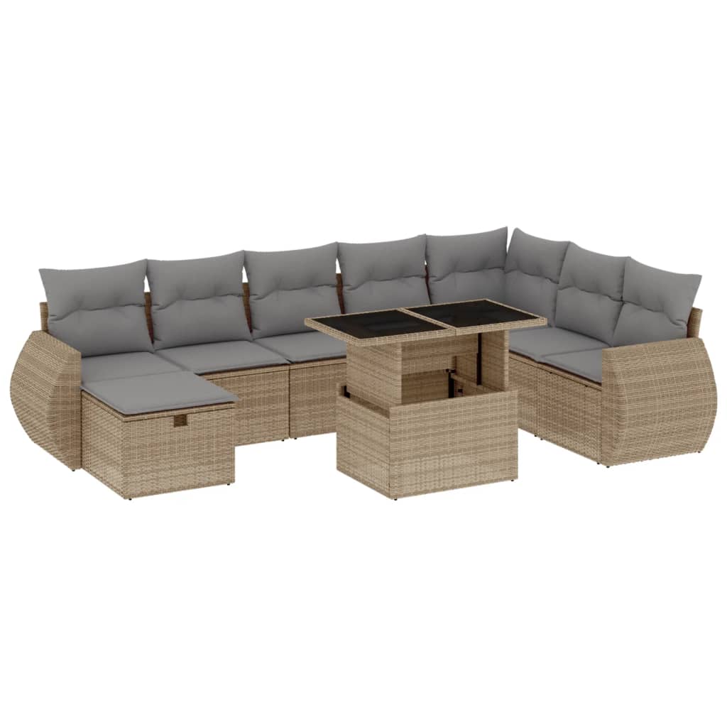 Salon de jardin avec coussins 9 pcs beige résine tressée