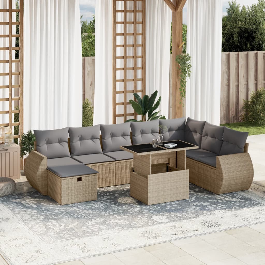 Salon de jardin avec coussins 9 pcs beige résine tressée