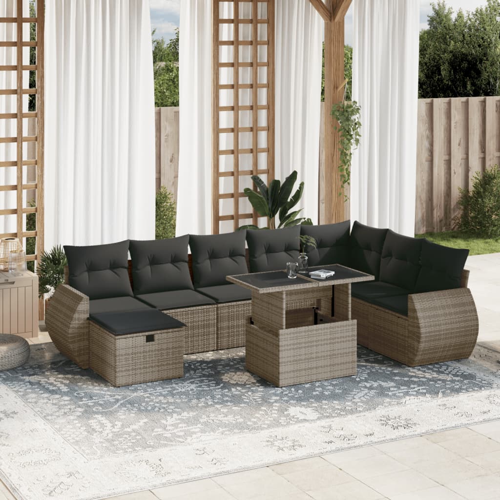 Salon de jardin 9 pcs avec coussins gris résine tressée