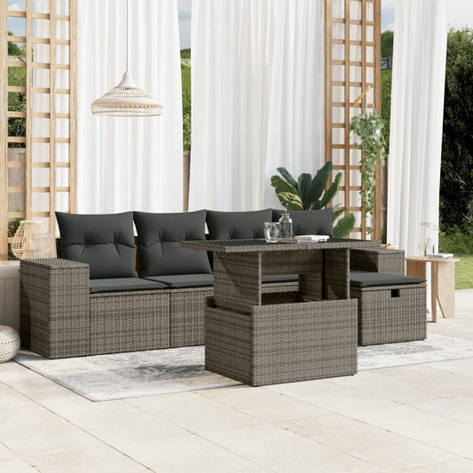 Salon de jardin 6 pcs avec coussins gris résine tressée