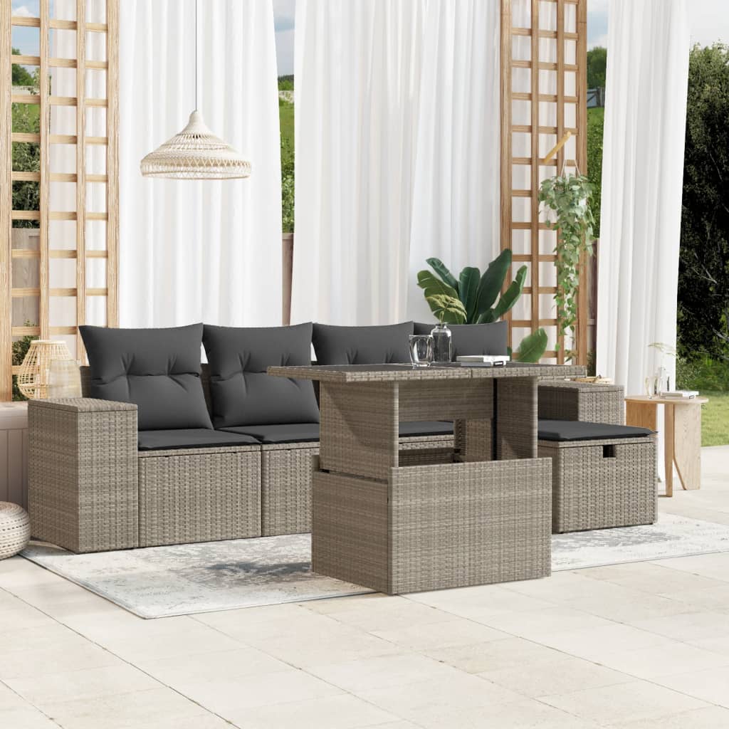 Salon de jardin 6 pcs avec coussins gris clair résine tressée