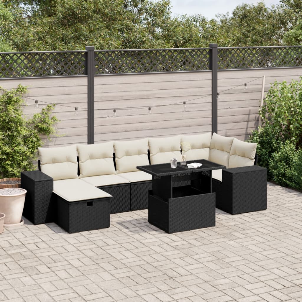 Salon de jardin 8 pcs avec coussins noir résine tressée