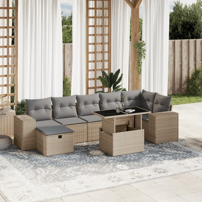 Salon de jardin avec coussins 8 pcs beige résine tressée