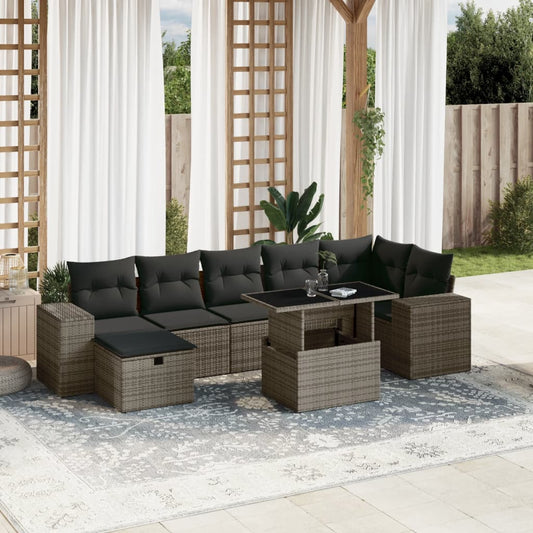 Salon de jardin 8 pcs avec coussins gris résine tressée