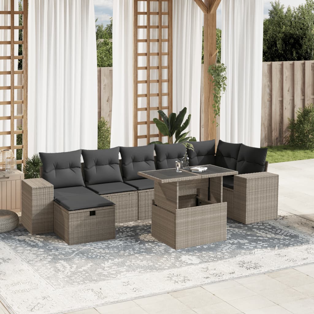 Salon de jardin 8 pcs avec coussins gris clair résine tressée