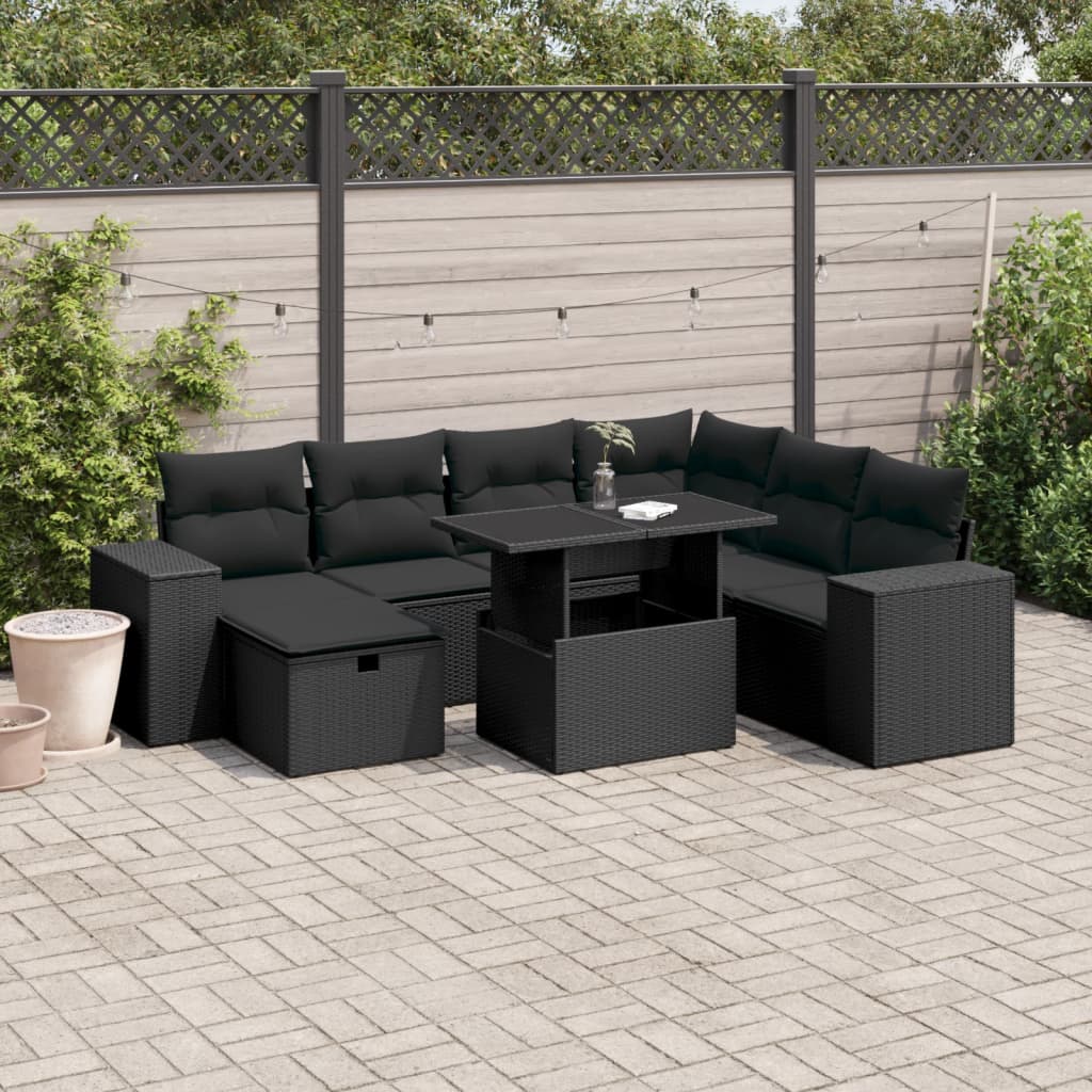 Salon de jardin 8 pcs avec coussins noir résine tressée