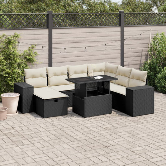 Salon de jardin 8 pcs avec coussins noir résine tressée