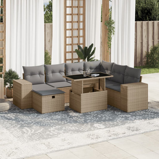 Salon de jardin avec coussins 8 pcs beige résine tressée