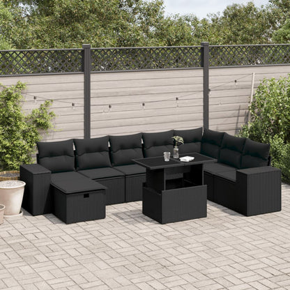 Salon de jardin 9 pcs avec coussins noir résine tressée