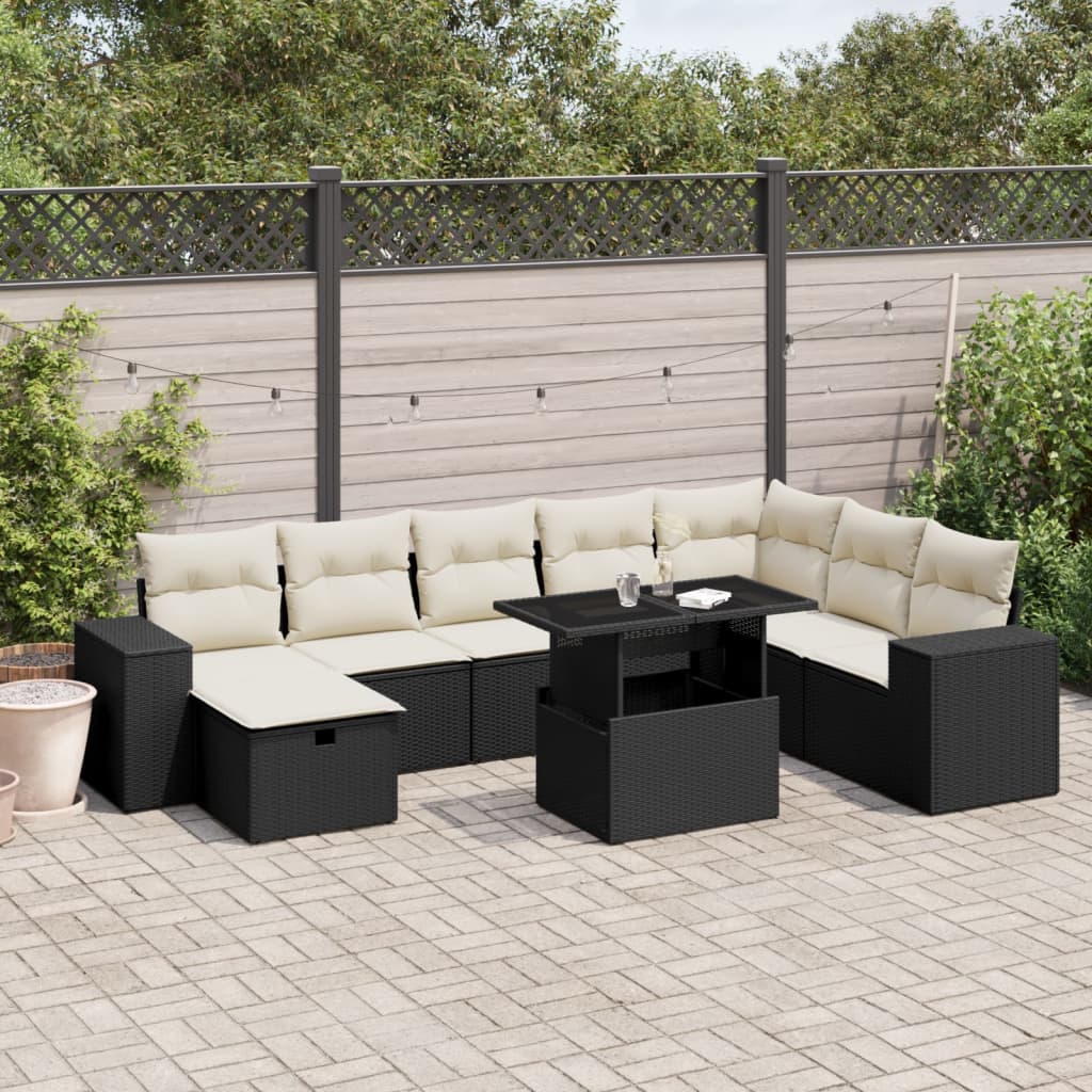 Salon de jardin 9 pcs avec coussins noir résine tressée