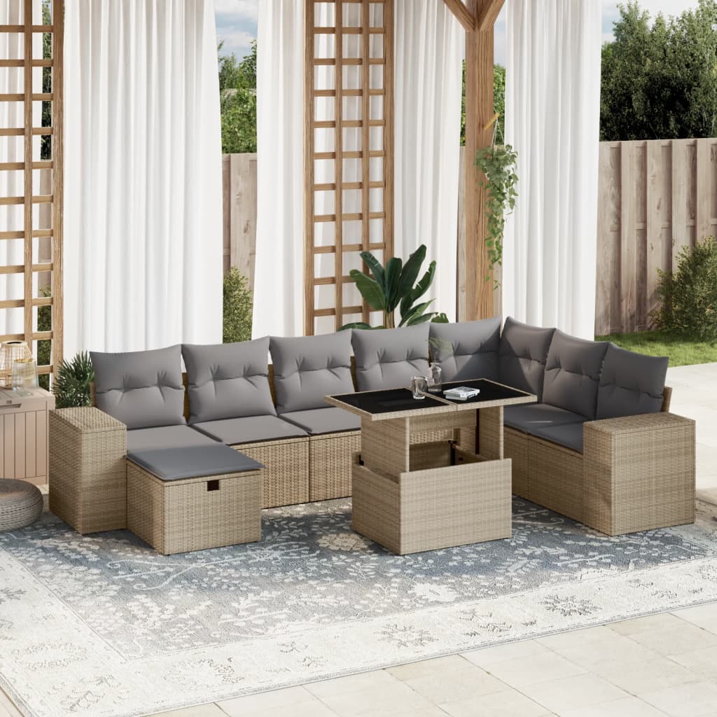 Salon de jardin avec coussins 9 pcs beige résine tressée