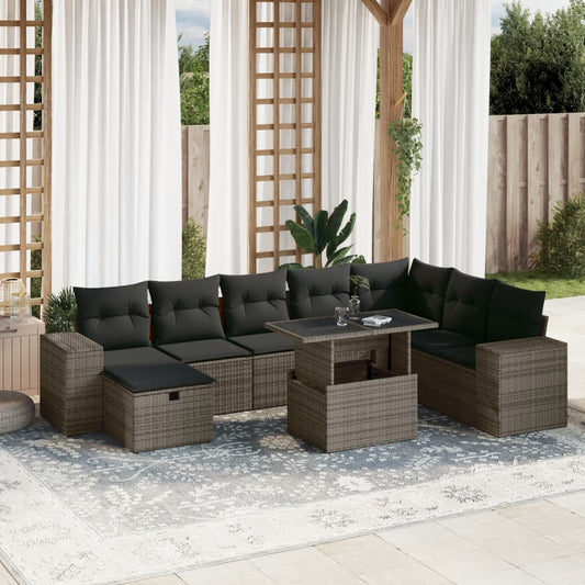 Salon de jardin 9 pcs avec coussins gris résine tressée