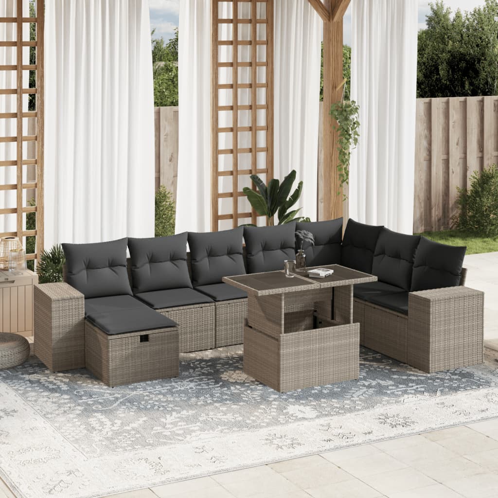 Salon de jardin 9 pcs avec coussins gris clair résine tressée