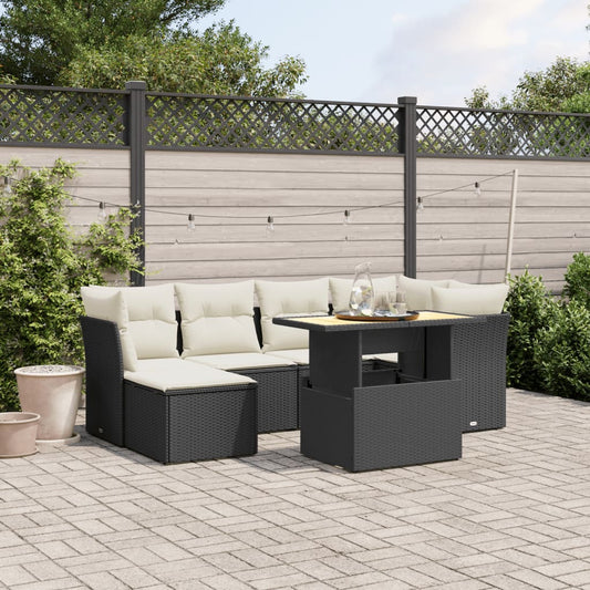 Salon de jardin 7 pcs avec coussins noir résine tressée