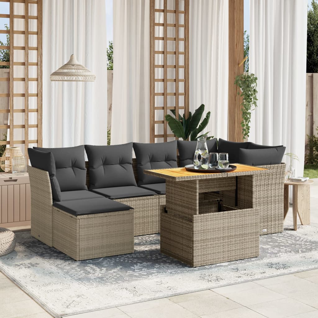 Salon de jardin avec coussins 7 pcs gris résine tressée