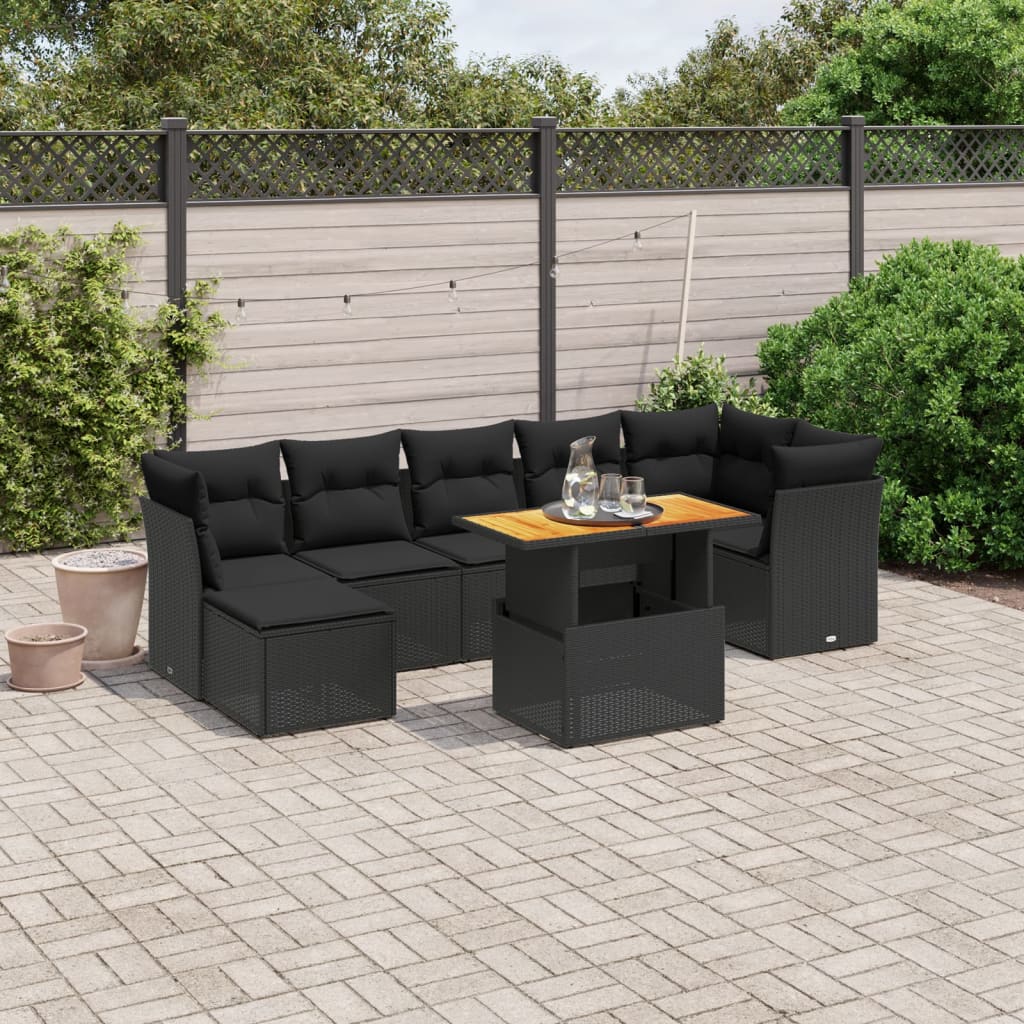 Salon de jardin 8 pcs avec coussins noir résine tressée