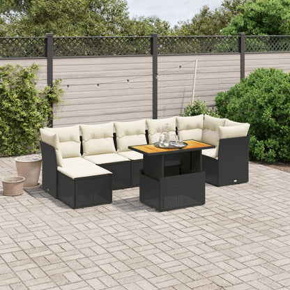 Salon de jardin 8 pcs avec coussins noir résine tressée