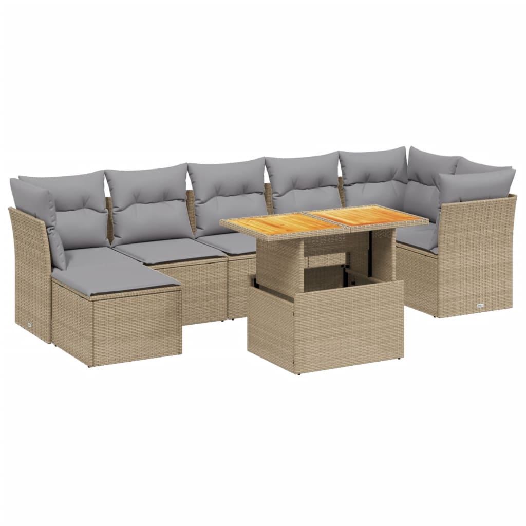 Salon de jardin avec coussins 8 pcs beige résine tressée