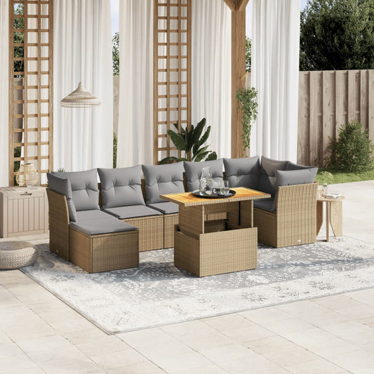 Salon de jardin avec coussins 8 pcs beige résine tressée