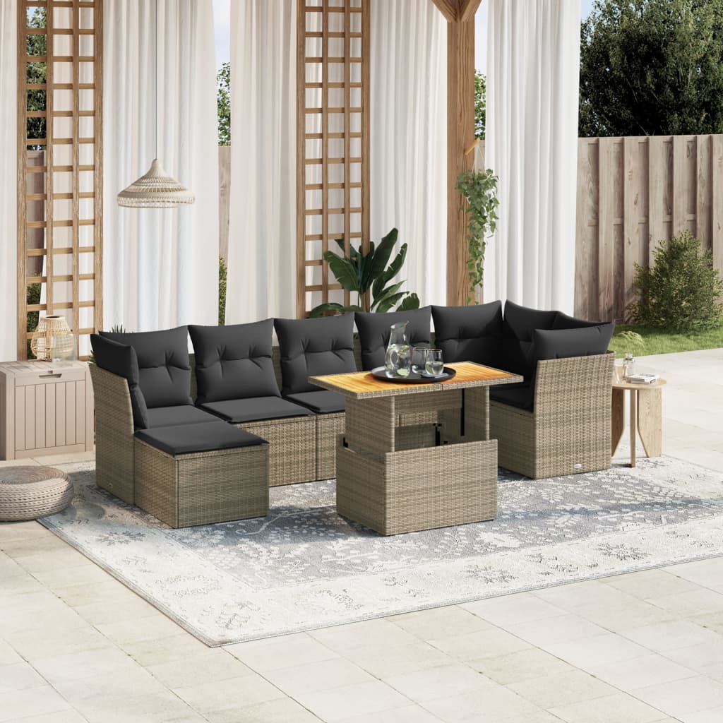 Salon de jardin 8 pcs avec coussins gris résine tressée