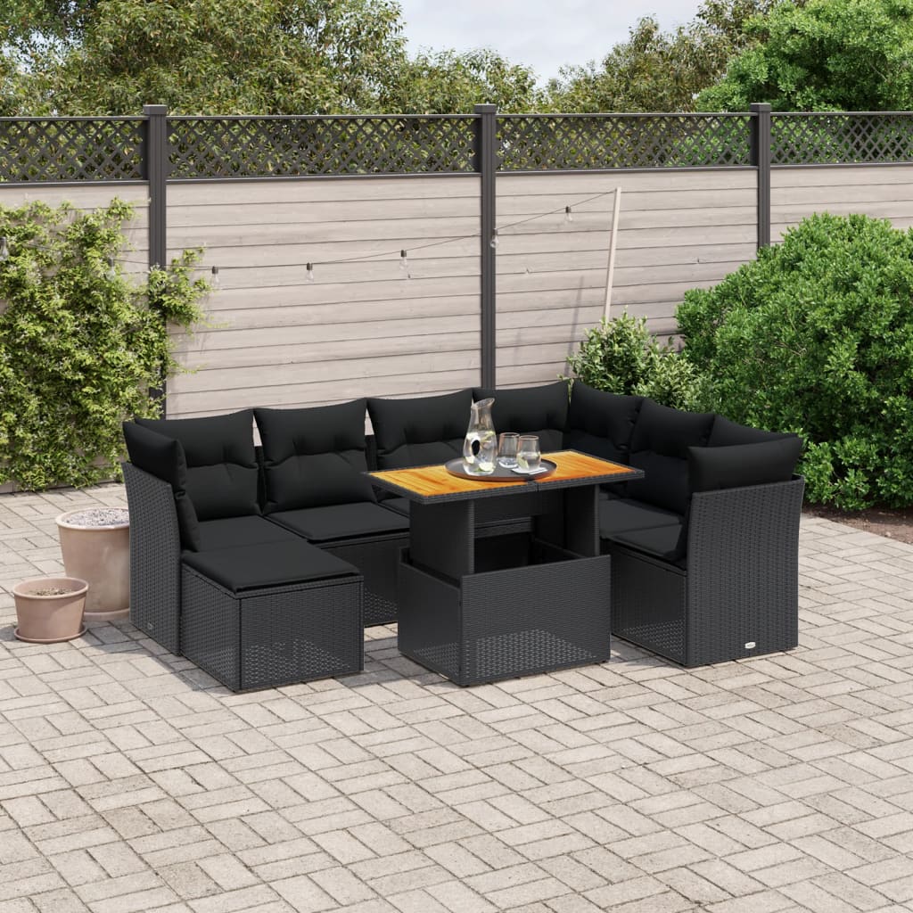 Salon de jardin 8 pcs avec coussins noir résine tressée