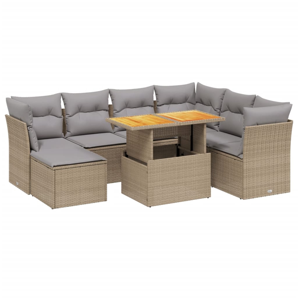 Salon de jardin avec coussins 8 pcs beige résine tressée