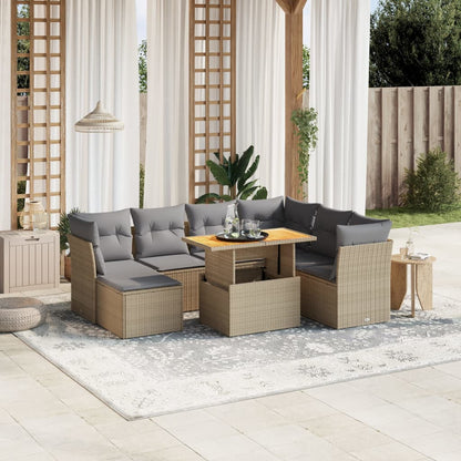 Salon de jardin avec coussins 8 pcs beige résine tressée