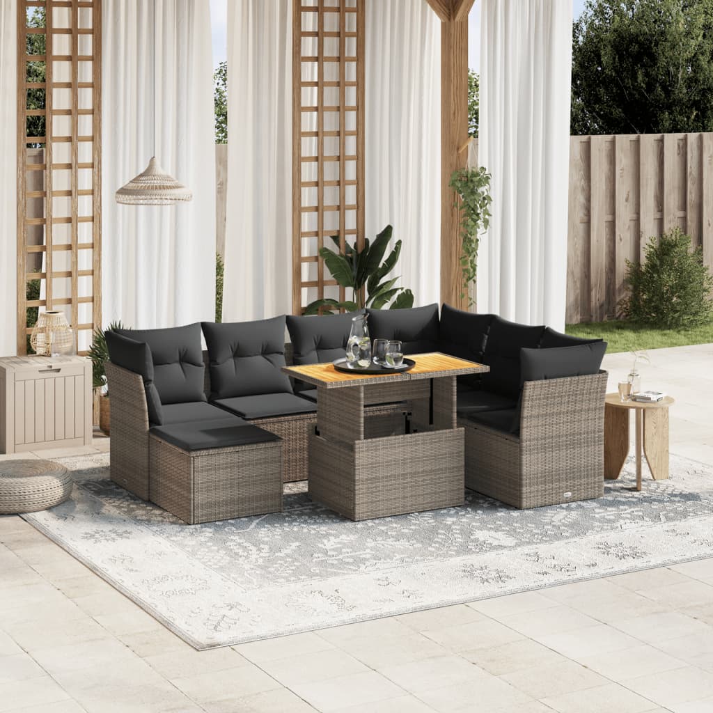 Salon de jardin 8 pcs avec coussins gris résine tressée