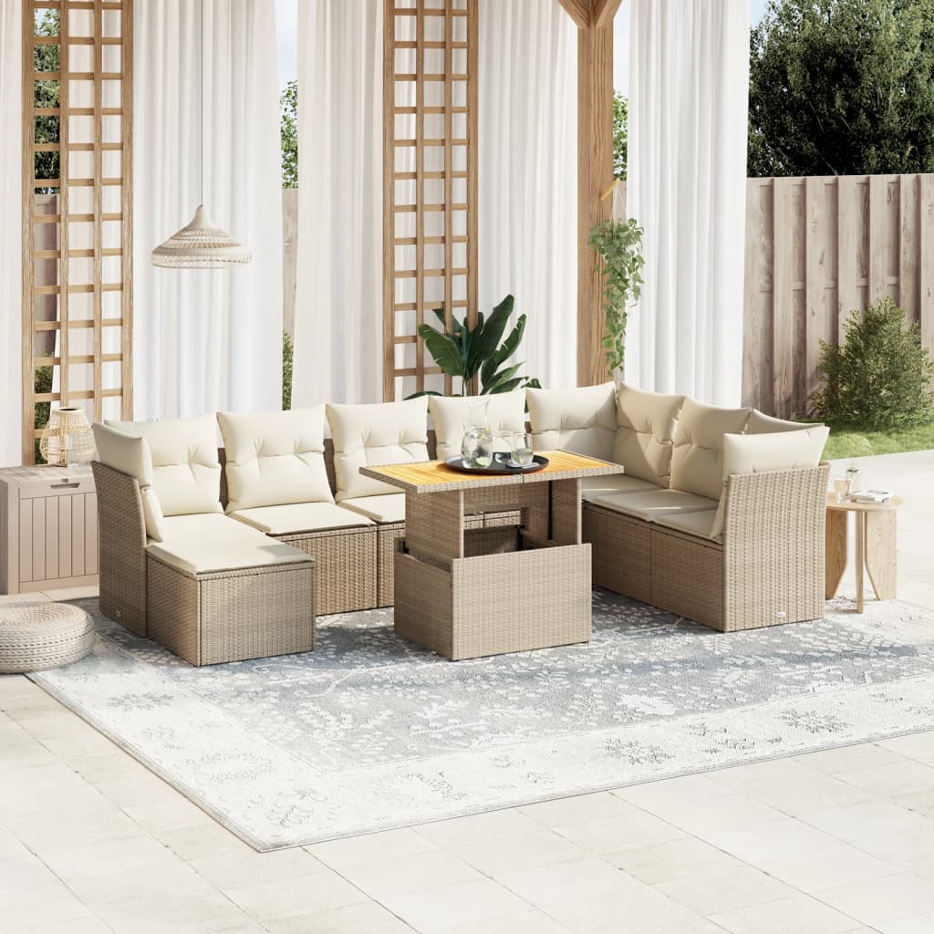 Salon de jardin avec coussins 9 pcs beige résine tressée