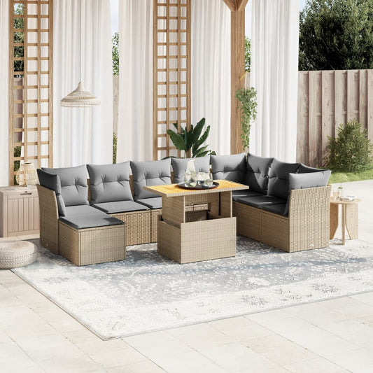 Salon de jardin avec coussins 9 pcs beige résine tressée