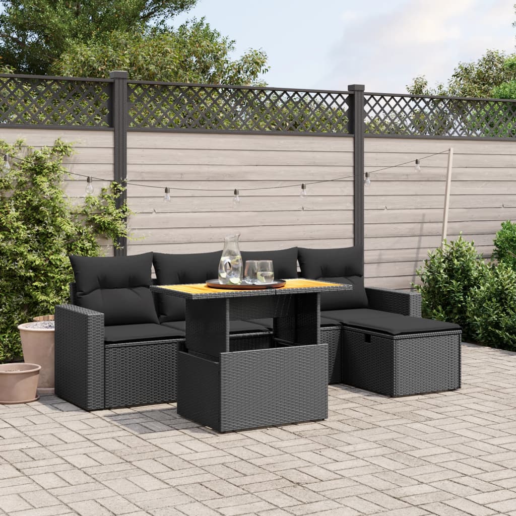 Salon de jardin 6 pcs avec coussins noir résine tressée