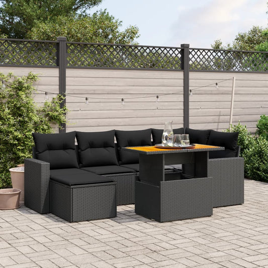 Salon de jardin 7 pcs avec coussins noir résine tressée