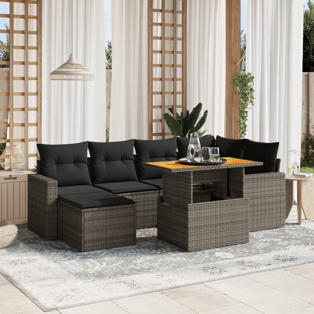 Salon de jardin avec coussins 7 pcs gris résine tressée